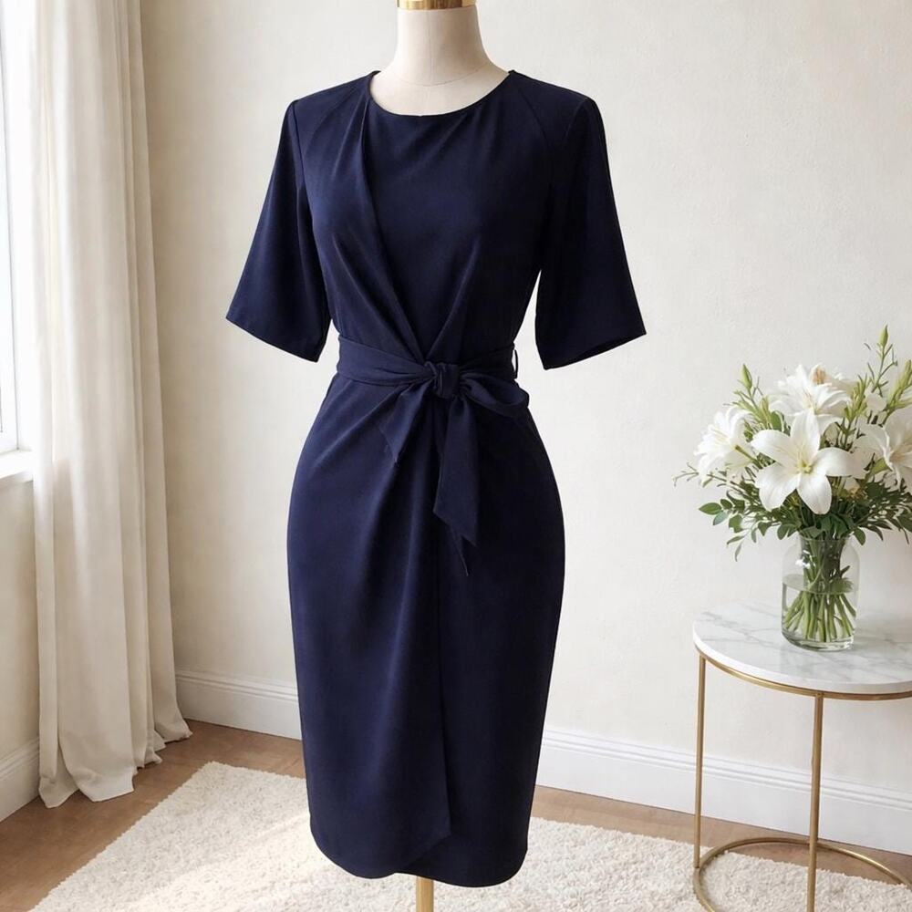 Tahari Plus Size Side-Tie Front -Belted Navy Blue Classy Sexy Dress 16W, - Picture 8 of 16